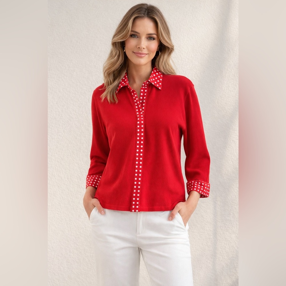 Vintage Jones New York Red Shirt with White Polka Dots